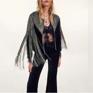 Free People Llani Donna Black Velvet Beaded Fringe Jacket NWT Size Small